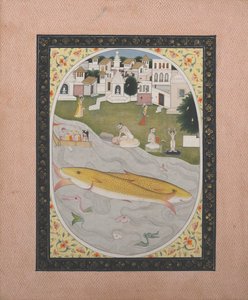 Manuskriptmålning med hinduisk tantrisk scen föreställande två fiskar, 1800-1820. av Unbekannt