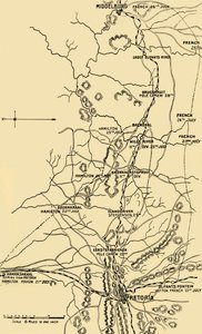 Karta som illustrerar förflyttningen österut från Eerstefabrieken till Middelburg, 1901. av Unbekannt