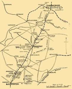 Karta som visar framstegslinjerna från Bloemfontein till Pretoria, 1901. av Unbekannt