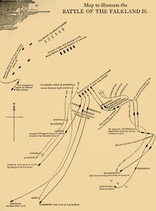 Karta som illustrerar slaget vid Falklandsöarna den 8 december 1914, c1920. av Unbekannt