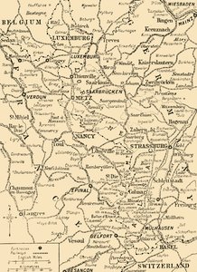 Karta som visar gränsen mellan Frankrike och Tyskland, första världskriget, c1915, c1920. av Unbekannt