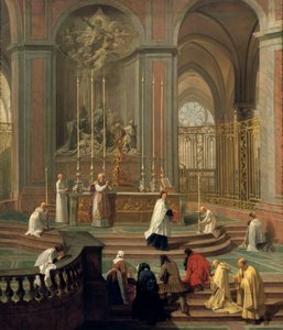 Mässa sägs av kanonen de la Porte, eller huvudaltaret i Notre Dame, Paris, 1708-1710 av Unbekannt