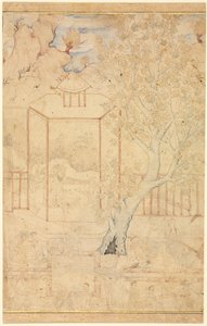 Mästare och lärjunge i en trädgårdspaviljong, illustration på en sida, ca. 1570-1590-talet. av Unbekannt