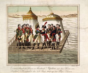 Möte mellan kejsarna Alexander I av Ryssland och Napoleon I av Frankrike vid Neman nära Tilsit, 1807 av Unbekannt