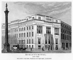 Morleys Hotel and Nelsons Column, Trafalgar Square, Westminster, London, 1800-talet av Unbekannt