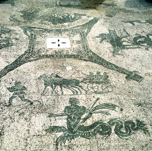 Mosaik, kärror dragna av mulor med resenärer, Cisarii. 1:a århundradet av Unbekannt