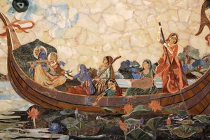 Mosaik som visar den hinduiska guden Krishna med gopis i en båt. Indien av Unbekannt