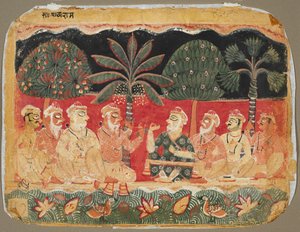 Nanda and the Elders, sida från en Bhagavata Purana, ca. 1525. av Unbekannt