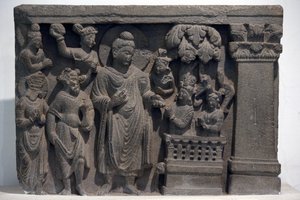 Indiens nationalmuseum, Delhi. Buddha med Naga-Kalika. Gandhara, 2:a århundradet e.Kr., Sten. Lån från Mayo College museum, Ajmer. Indien. av Unbekannt