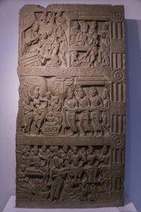 Indiens nationalmuseum, Delhi. Buddhas livsscener. Ikshvaku, 3:e århundradet A.D. Nagarjunakonda, Andhra Pradesh. Gråaktig kalksten. Detalj. Indien. av Unbekannt