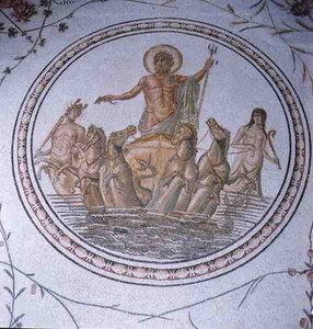Neptunus på sin vagn med Hippocampi och Tritonerna (mosaik) av Unbekannt