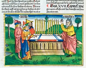 4 Moseboken 17:1-11: Arons stav blommar på altaret av Unbekannt