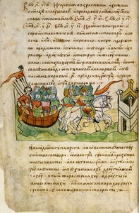 Oleg av Novgorods kampanj mot Konstantinopel från Radziwill-krönikan, 1400-talet av Unbekannt