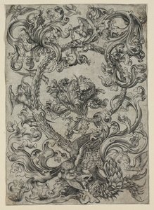 Prydnadslövverk, med en uggla och andra fåglar, 1400-tal. av Unbekannt