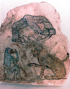 Ostracon Fragment, Cheetah, Bird and Monkey, Egypten av Unbekannt