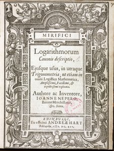 Titelsidan för "Mirifici logarithmorum canonis descriptio" (Logaritmernas underbara kanon) av John Napier, Baron of Merchiston (1550-1617), publicerad i Edinburgh (Skottland) 1614 av Unbekannt