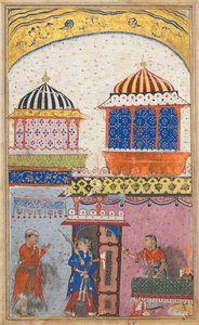 Sida från Tales of a Parrot Tuti-nama: Åttonde natten: En kvinna ber sin älskare att lämna..., ca. 1560. av Unbekannt