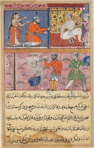 Sida från Tales of a Parrot Tuti-nama: Åttonde natten: Prinsen skickade tillbaka till platsen..., ca. 1560 av Unbekannt