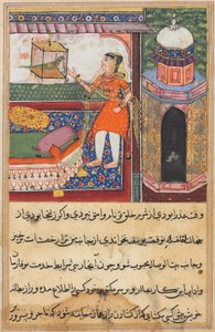 Sida från Tales of a Parrot Tuti-nama: Tionde natten: Papegojan tilltalar Khujasta..., ca. 1560. av Unbekannt