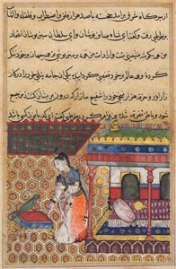 Sida från Tales of a Parrot Tuti-nama: Trettioåtta natt: Papegojan tilltalar Khujasta, c1560. av Unbekannt