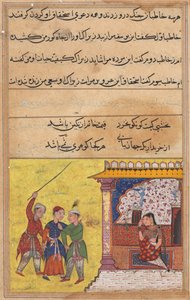Sida från Tales of a Parrot Tuti-nama: Tjugonde natten: De tre friarna börjar igen, ca. 1560. av Unbekannt