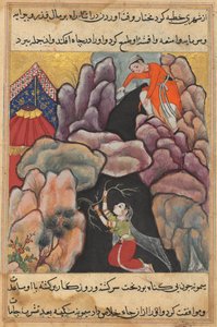 Sida från Tales of a Parrot Tuti-nama: Tjugofemte natten: Mukhtar kastar sin fru..., ca. 1560. av Unbekannt
