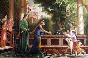Målning på Bhaktivedanta Manor föreställande unga Krishna som springer till Moder Yasoda och Nanda Maharaj (hans fosterföräldrar) Watford Grande-Bretagne av Unbekannt