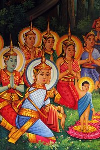 Målning som föreställer Buddhas födelsedag (Wesak) i Wat Than Phnom Penh Cambodge av Unbekannt