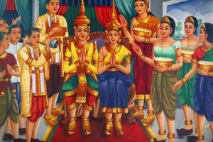 Målning föreställande kungen & drottningen & tjänarna Udong Cambodge av Unbekannt