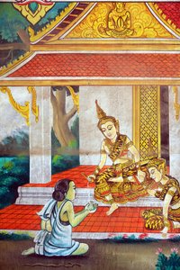 Målning som skildrar Shakyamuni Buddhas livshistoria. Wat Naxai. Vientiane. Laos, 20151106, Vientiane, Laos av Unbekannt