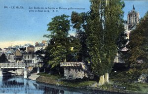 Pays de la Loire, Sarthe (72), Le Mans: Sarthes stränder och de romerska gallo-ruinerna nära "X-bron" - Vykort sent 1800- och 1900-tal av Unbekannt