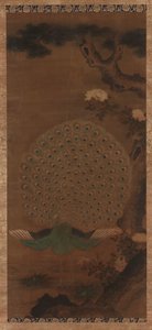 Påfågel, pioner och tall, Edo-perioden, 1615-1868. av Unbekannt