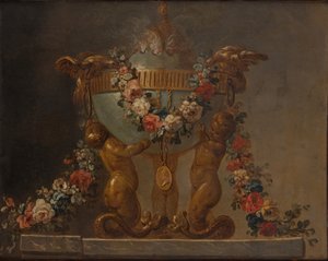 Parfymbrännare stödd av babytritoner och kransad med blommor, 1700-tal. av Unbekannt