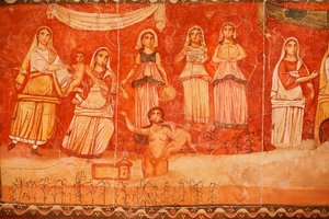 Farao och Moses barndom, fresk från synagogan i Doura (Dura) Europos, 244-245, och förvarad på Damaskus nationalmuseum. Foto taget på Jewish Museum i New York under en utställning. av Unbekannt