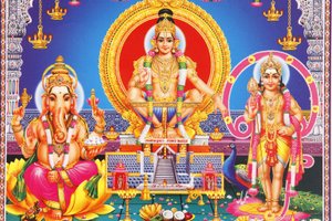 Bild på hinduiska gudarna Ganesha, Ayyappa och Subramanya Indien av Unbekannt