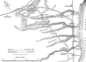 Plan för Marches of Pearson Jan. 1879 och Chelmsford april 1879 till Etschowe, c1880 av Unbekannt