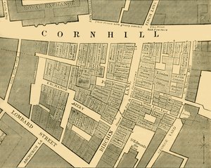 Plan som visar omfattningen av den stora branden i Cornhill 1748, c1872. av Unbekannt