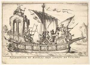 Plåt 10: Agamemnon och Menelaos sitter i en båt tillsammans med andra figurer inklusive V..., 1664. av Unbekannt