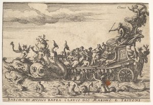 Plåt 16: Musikerskepp med havsguden Claucus och tritons Barcha di musici rapra C..., 1664. av Unbekannt