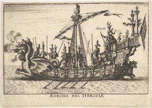 Plåt 1: Hercules skepp Barcha del Hercole, med drakhuvud och Hercules på pl..., 1664. av Unbekannt