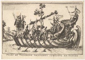 Plåt 7: Peleus och Talamone ledda av Argonauterna från Tetides, från The magnificent pageant on t..., 1664. av Unbekannt
