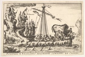 Plåt 8: Polyphemus och Palemonius ledda av Ceres Polifemo och Palemonio Argonauti dirigerade d ..., 1664. av Unbekannt