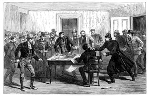 Polisrazzia mot National Rent Offices i Loughrea, Irland, 1887 av Unbekannt