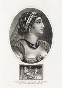 Porträtt av Cleopatra (Thea Philopator, 69-30 f.Kr.), med en scen som beskriver hennes tillträde till Egyptens tron, omgiven av romerska legionärer av Unbekannt