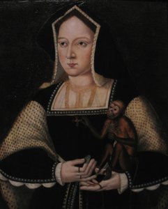 Porträtt av Katarina av Aragonien, med sin husdjursapa Kopia efter Lucas Horenbout, ca 1530