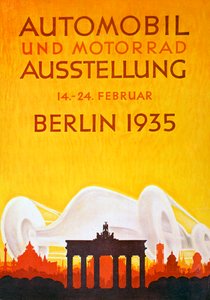 Affisch som annonserar bil- och motorcykelutställningen i Berlin, februari 1935