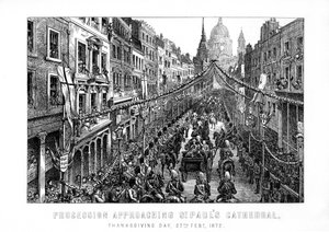 Procession närmar sig St Pauls Cathedral, Thanksgiving Day, 27 februari 1872, 1899 av Unbekannt