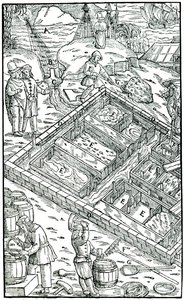 Att producera salt genom att förånga havsvatten i saltkärl, 1556 av Unbekannt