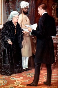 Drottning Victoria lyssnar på ett utskick från frontlinjen under boerkriget, 1899-1901. av Unbekannt