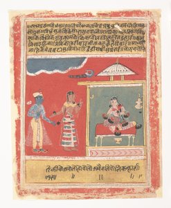 Radhas vän vädjar till henne att ta emot Krishna: Page from a Dispersed Rasikapriya, 1634. av Unbekannt